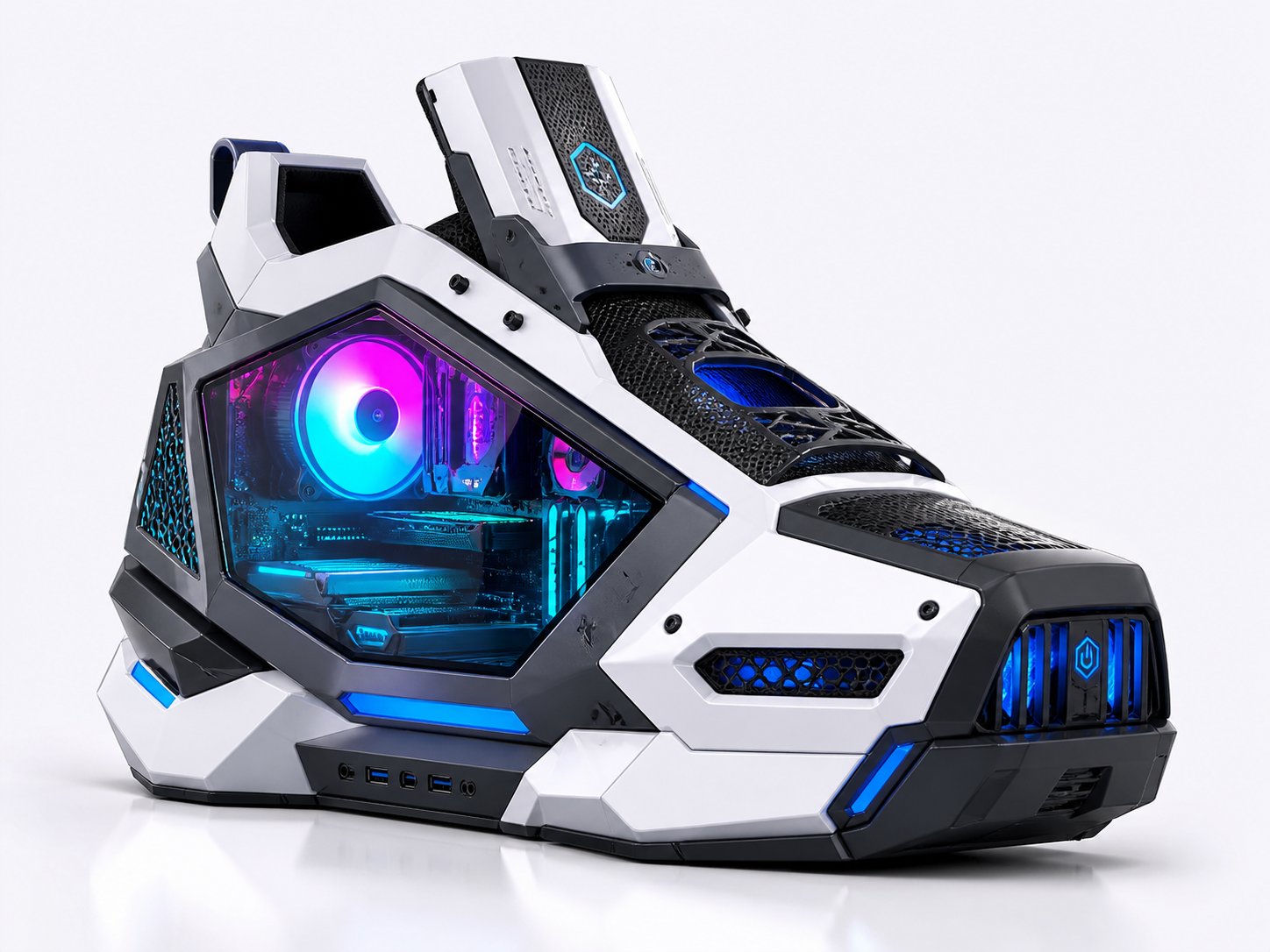 A gaming PC built into the shape of a sneaker, with RGB-lit fans visible through a tinted side panel